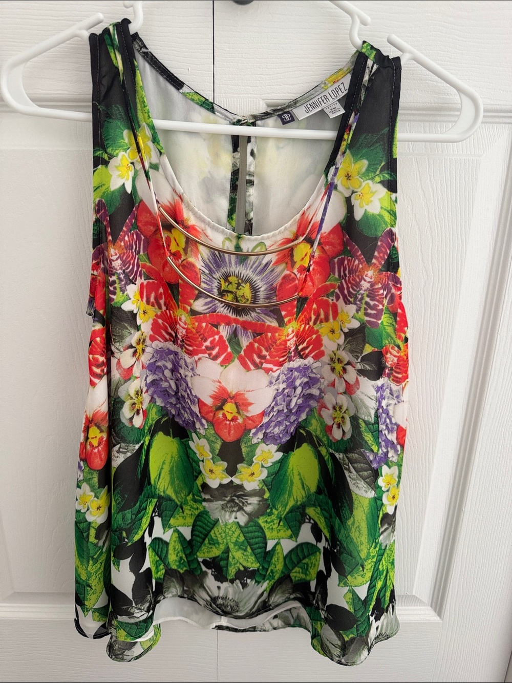 Jennifer Lopez Vibrant Floral Sleeveless Camisole - Green, Red, Purple, Yellow
